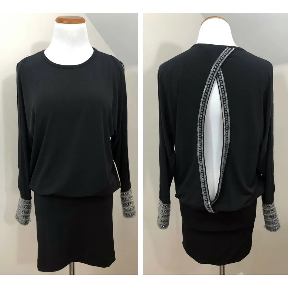 Moda International Cocktail Dress Open Back Slit Sleeves Size M